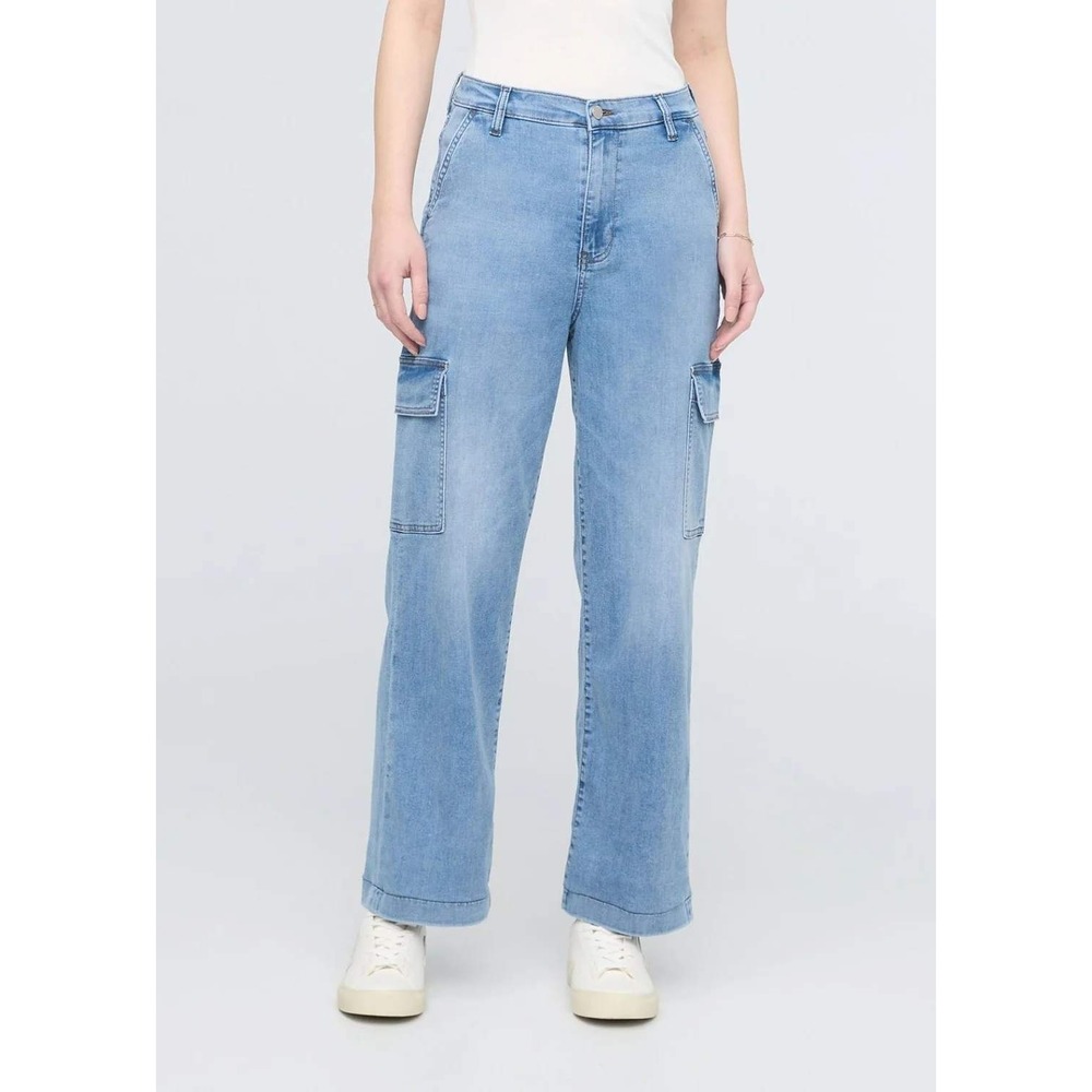 DU/ER Performance Denim Lite High Rise Cargo Jeans Wide Leg Pacific Blue 29x31